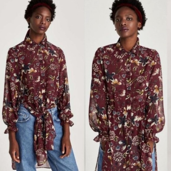 Zara Tops - ZARA Burgundy Floral Button down tunic blouse